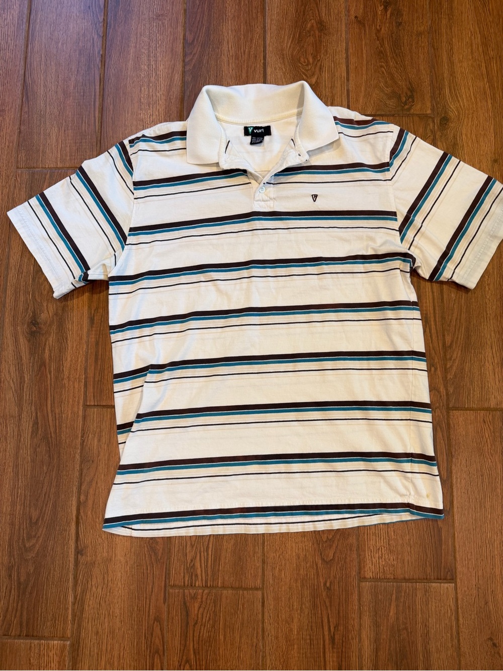 Vintage vurt Cream Polo with Blue and Brown Stripes / men’s xl